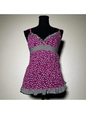 Y2K Pink Heart Print Babydoll Tank Top Lace Trim Striped Ruffle Hem Cami